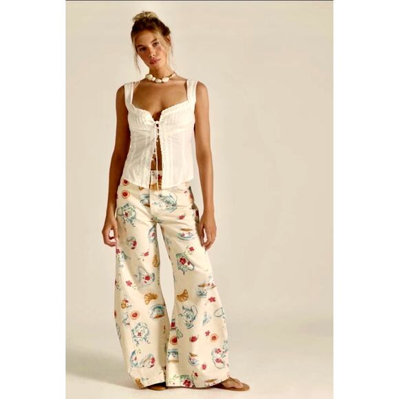 Free People Eden Printed High Slouchy Flare Jeans Playful Brunch 29 - Picture 2 of 6